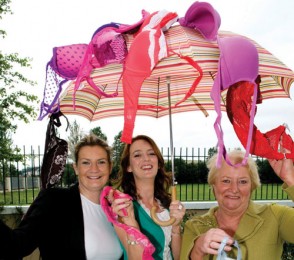 Cancer Care West's Casilda Lydon, Ros Na Rún's Aine Ní Dhroighneáin and Angela Kirrane from Mayo Cancer Support pictured outside Inis Aoibhinn on Thursday to publicise the World’s Longest Bra Chain Attempt where they need 120,000 bras to beat the current record to make a chain 70 miles long. Photo: Reg Gordon