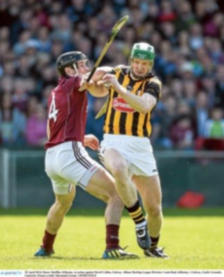 The master Henry Shefflin of Kilkenny is challenged by  Galway’s David Collins in Sunday’s Allianz Hurling League division one semi-final at the Gaelic Grounds, Limerick.