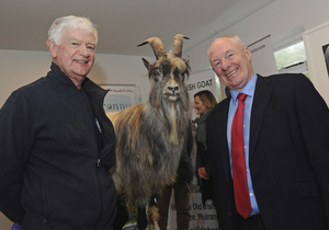 The goat and the good: Minister for Rural and Community Development Michael Ring was in attendance on Monday to officially turn the sod at the Old Irish Goat Sanctuary in Mulranny, Co Mayo. He is pictured here alongside chairman of the Old Irish Goat Society, Padraig Browne. Photo: Conor McKeown.
