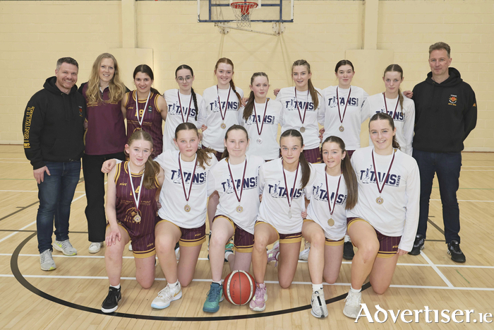 Titans Basketball U-16 Girls team reached the Galway Cup Final last week losing out to Maree. (Back l-r) David Hynes, Elle Sander, Indira Hynes, Amy Schuler, Anna Fitzgerald, Clara Keane, Sarah Deely, Edith Anderson, Gemma Brennan, Alan Brennan Front Row: Clodagh Rooney, Emilia Feeney, Siobhan Feeney, Niamh O'Malley, Millie Cunningham, Laura Casserly. Photo: Mike Shaughnessy  
