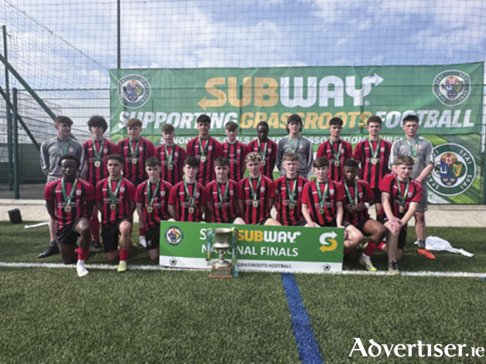 The victorious St Joseph’s FC players are pictured following their historic Under 16 SFAI national title win over Leeside on Sunday afternoon in Kilkenny