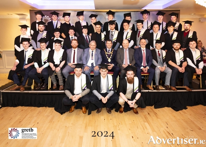 National Craft Apprentices graduation. (centre second row) Damien Walsh, National Apprenticeship Office, Cllr Moegie Maher, Chairperson of the Board of GRETB, Galway City Mayor, Cllrr Eddie Hoare, GRETB Chief Executive David Leahy, Ken Farragher- GRETB Area Training Manager, with graduates. 