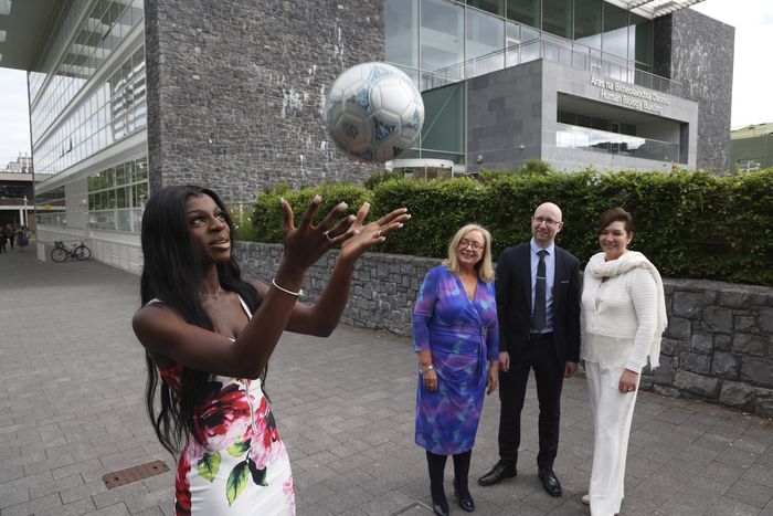 Rola Ulasola, Republic of Ireland and Galway United soccer star and University of Galway student, with Imelda Byrne, Head of the Access Centre, Dr Daniel Savery, Widening Participation Officer, and Dr Mary Surlis, Senior Academic Manager at University of Galway’s Access Centre.
