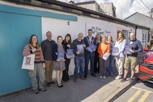Levelling Access meeting attendees welcome outgoing Mayor of Galway, Eddie Hoare, outside the Blue Teapot Theatre on Munster Avenue last week