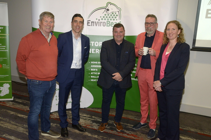 Pictured at the recent Envirobead Home Energy Upgrade Information Evening in Cork were, left to right: Hugh Foley (RTS Heating and Cooling), Stephen Farrell (SEAI), Fergal Cantwell (Envirobead), Pat Fitzpatrick (special guest) and Justine Barrett (SEAI). Pic: Denis Boyle.
