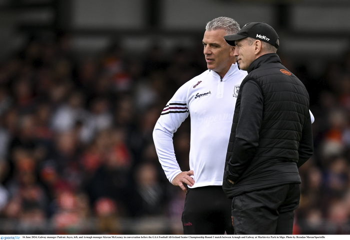 Galway manager Padraic Joyce, left, and Armagh manager Kieran McGeeney in conversation before the All-Ireland Senior Championship match between the teams at Markievicz Park in Sligo. Galway will now face Monaghan in the preliminary quarter-finals.