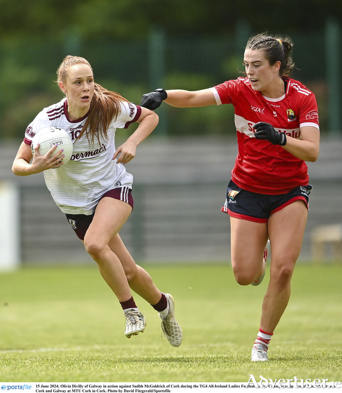 Olivia Divilly (left) of Galway in action against Sadbh McGoldrick of Cork. The Tribeswomen lost out to the Rebels despite Divilly's first half goal.