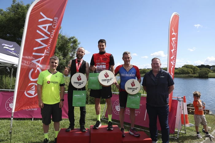 Tribesman Triathlon Men's Podium: (L-R) Francis Yates, Galway Triathlon Club Chairperson; Eamonn Staunton, Ruaidhí Geraghty, Martin Divilly and Des Ryan, Director of Sport and Physical Wellbeing at University of Galway.  Pic Credit Gerge Reid.