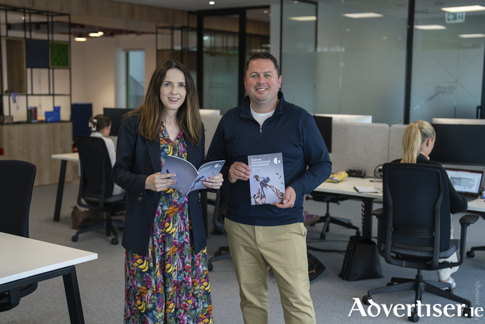 Hilary Martyn, Communications and Development Manager, Galway International Arts Festival, and Ruairí Conroy, Vice President of Global Sales Development & Site Leader at Diligent Corporation, pictured at Diligent, Bonham Quay for the announcement of Diligent as Festival Partner for GIAF 2024. Photo: Marc Jennings