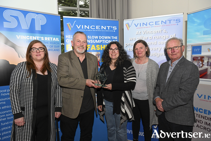 Aggie Sage, shop manager, Vincent's Westside, Galway receives the Team of the Year Award from Dermot McGilloway, SVP national retail development manager.  Also pictured are Caroline McGrath, SVP regional retail manager West Region (left), Kellie Austin, Vincent’s Westside, and Paddy O’Flynn. chair. SVP National Retail Committee. Pic: Brian Lougheed.