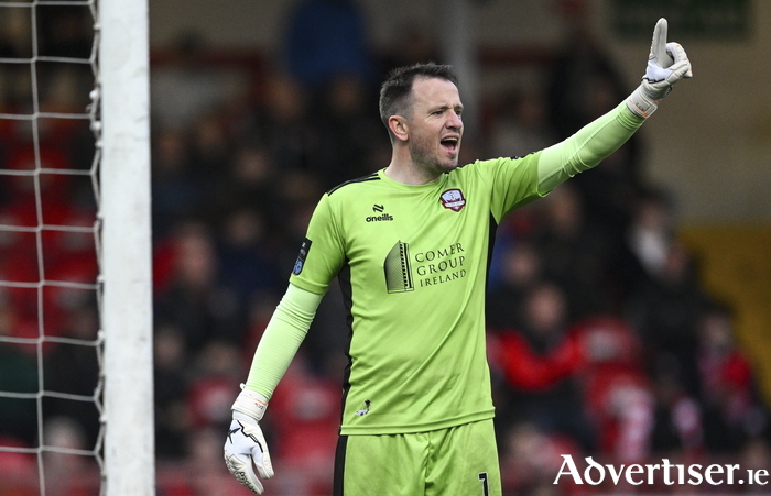 Galway United goalkeeper Brendan Clarke asking questions against Derry earlier this month. [Photo: Ramsey Cardy]