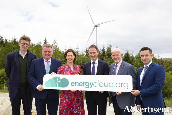 Andrew Clements, Invis Energy; John Mullins, chairperson of EnergyCloud Ireland; Minister Hildegarde Naughton, Government Chief Whip; Minister Alan Dillon, Minister of State at the Department of Housing, Local Government and Heritage; Neil Morris, country lead for Ireland at AWS; and CEO of Wind Energy Ireland Noel Cunniffe at the Gusta Gaoithe Wind Farm near Moycullen for the launch of a new EnergyCloud project in Galway with Amazon Web Services (AWS).