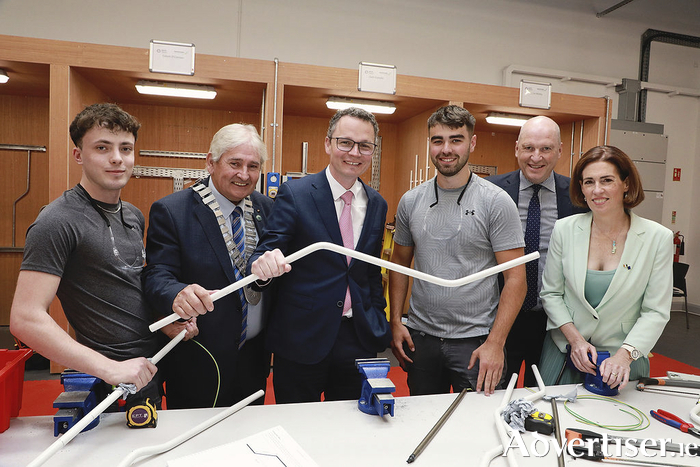 From left: Calum O’Connor (apprentice), Cllr Michael Maher (chair of GRETB board), Minister Patrick O’Donovan TD, Mark Doyle (apprentice), David Leahy (GRETB chief executive) and Hildegarde Naughton TD at the opening of the GRETB apprenticeship training facility.