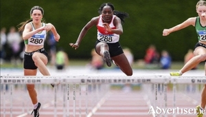 Lucy Hounkponou of Galway City Harriers on her way to Hurdles bronze at the National Juvenile Track and Field event in Tullamore.