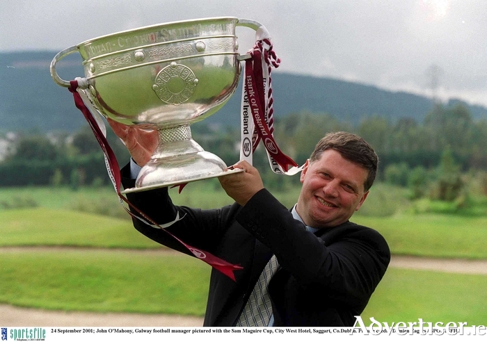 John O'Mahony, Galway football manager pictured with the Sam Maguire Cup, City West Hotel, Saggart, Co.Dublin on 24 September 2001. Picture credit; Damien Eagers / SPORTSFILE