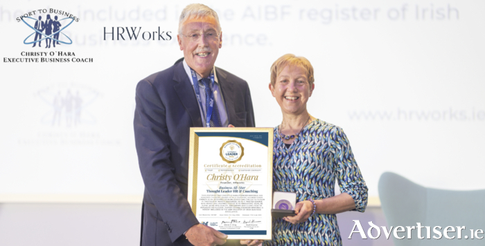 Christy O’Hara, Founder HRworks pictured with Dr. Briga Hynes (Chairperson of the AIBF Adjudication Board) after Christy was honoured as Business All-Star Thought Leader in HR & Coaching by the All-Ireland Business Foundation.