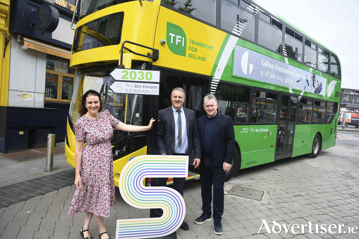 Marie King, Bus Éireann Marketing and Sales Manager West, Peter Melia, Service Delivery Manager, Bus Éireann West and John Crumlish, Galway International Arts Festival CEO pictured at the Galway International Arts Festival Box Office in Eyre Square to mark Bus Éireann’s coming on board as GIAF Travel Partner for 2024. Photo: Declan Colohan for GIAF. 