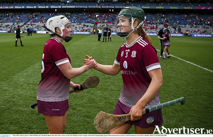 Galway players Ailish O'Reilly, left, and Roisín Black after their side's victory in the Glen Dimplex Senior Camogie All-Ireland Championship quarter-final match between Galway and Waterford at Croke Park in Dublin. Photo by Seb Daly/Sportsfile