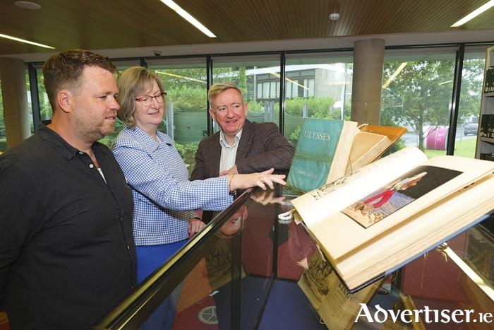 From left: Ben O’Gorman, son of Galway Advertiser founder Ronnie O’Gorman with University of Galway Librarian Monica Crump and President of University of Galway, Professor Ciarán Ó hÓgartaigh, as items from the Ronnie O’Gorman Collection, including a Ulysses first edition, are displayed after being donated to University of Galway. Credit: Mike Shaughnessy. 