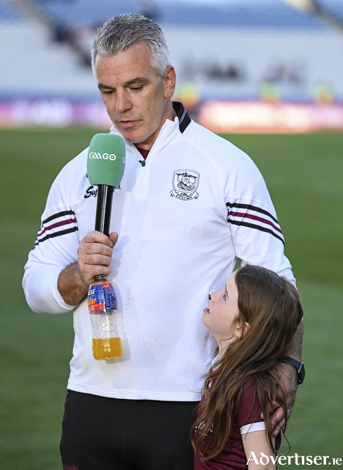 Galway manager Padraic Joyce is joined by his press conference sidekick, daughter Jodie, after the Dublin game. Photo by Stephen McCarthy/Sportsfile