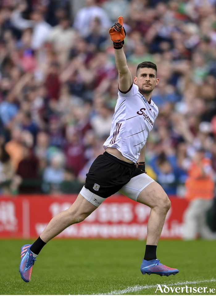 Galway goalkeeper Connor Gleeson celebrates the winner against Mayo. Photo by Seb Daly/Sportsfile