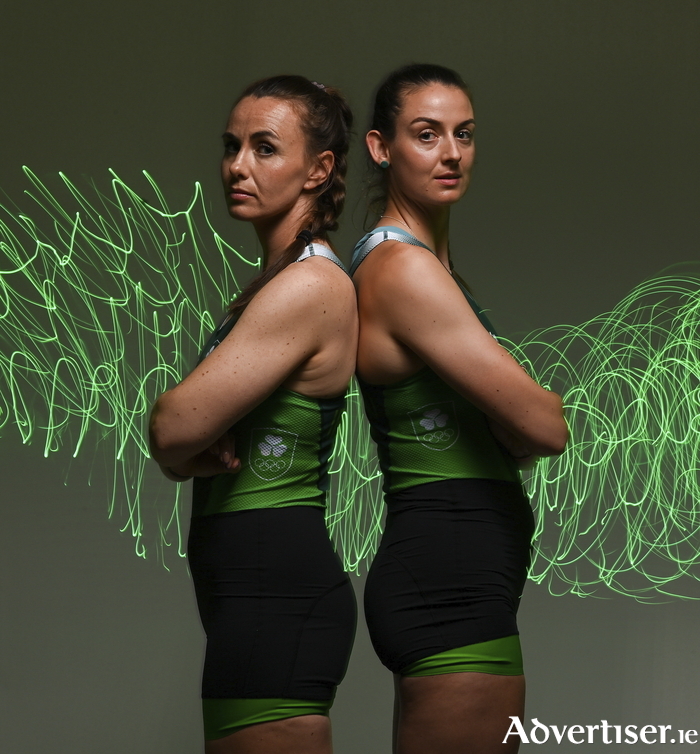 Aifric Keogh, left, and Fiona Murtagh during the Rowing Team Ireland Paris 2024 team announcement at the National Rowing Centre in Cork. Photo by Ramsey Cardy/Sportsfile 