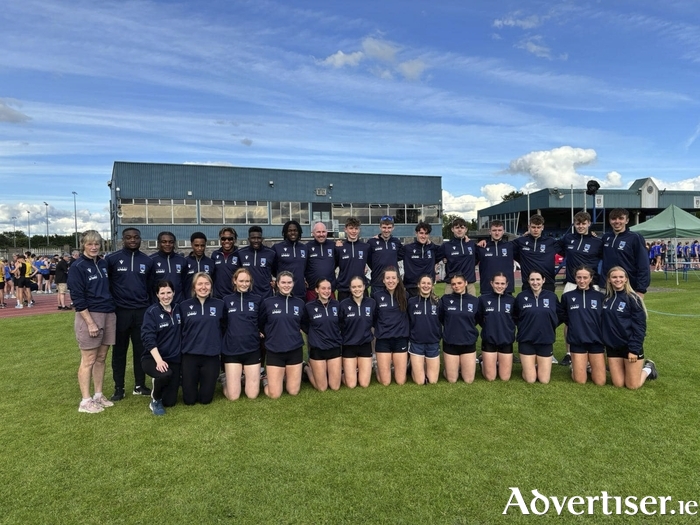 Pictured is the Galway team at the Senior National Track and Field League final.
Back row: Mary Barrett, Christian Ogbemudia, Nick Ukaga, Lemar Lucciano, Leon Ewere, Abaas Adam Edris, Ben Edeh, Justin Lane, Darragh Kelly, Jack Miskella, Oisin Davis, Andrew Power, Jack Hession, Oisin Phelan, Darragh Fahy, Liam Shaw.
Front row: Sarah Finnegan, Aoife Sheedy, Juno Hayes, Laura Cunningham, Caoimhe Farrell, Aoibhin Farrell, Sinead Treacy, Nicole Walsh, Nicole Quirke, Alix Joyce, Rachel Finnegan, Danielle Moynihan and Laura Ann Costello.
Missing from photo (who were competing on the day): Angela Cielecka, Enya Mitchell, Aine O’Farrell, Caoimhe Kelleher, Orlaith Mannion, Holly Shaughnessy, Kyle Moorhead.
