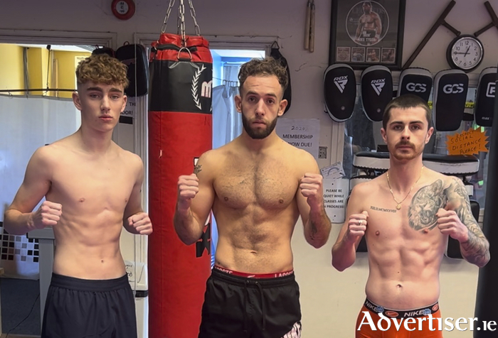 From left to right at the kickboxing event in Cavan: Dylan Cantwell from Westside, Mohamed Chakib from Tuam Rd and Oisín Concannon from Barna who all emerged victorious.