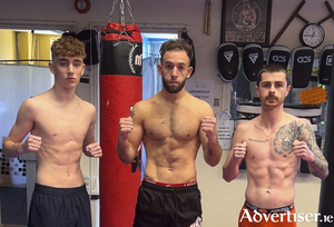 From left to right at the kickboxing event in Cavan: Dylan Cantwell from Westside, Mohamed Chakib from Tuam Rd and Ois&iacute;n Concannon from Barna who all emerged victorious.