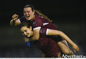 Amy Madden and Isabella Beletic of Galway United celebate after the Avenir Sports All-Island Cup semi-final match between Galway United and Wexford at Eamonn Deacy Park in Galway. Photo by Tom Beary/Sportsfile