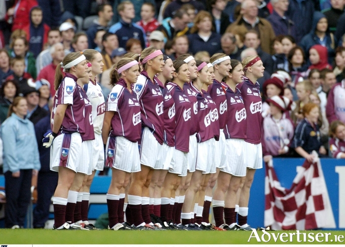 3 October 2004; The Galway team stand for the national anthem. TG4 Ladies Senior Football All-Ireland Final, Dublin v Galway, Croke Park, Dublin. Picture credit; Ray McManus / SPORTSFILE