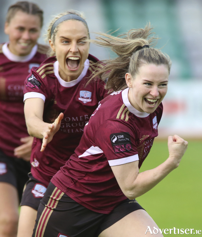 Aislinn Meaney celebrates after scoring Galway United's goal against Shelbourne, with Julie-Ann Russell in tow. Photograph: Mike Shaughnessy
