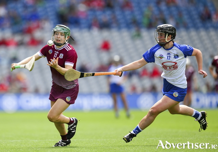 Niamh Mallon of Galway is tackled by Alannah McNulty of Waterford during the Glen Dimplex Senior Camogie All-Ireland Championship quarter-final match between Galway and Waterford at Croke Park in Dublin. Photo by Ray McManus/SportsfileNiamh Mallon in action.