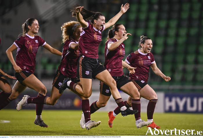 Galway United players celebrate their victory of the penalty shootout of the Avenir Sports All-Island Cup final between Shamrock Rovers and Galway United at Tallaght Stadium in Dublin. 