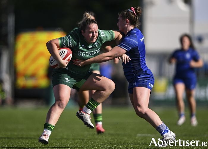 Nicola Fowley of Connacht is tackled by Katie Whelan of Leinster during the Vodafone Women’s Interprovincial Championship Round One match between Connacht and Leinster at Energia Park in Dublin. Photo: Shauna Clinton/Sportsfile.