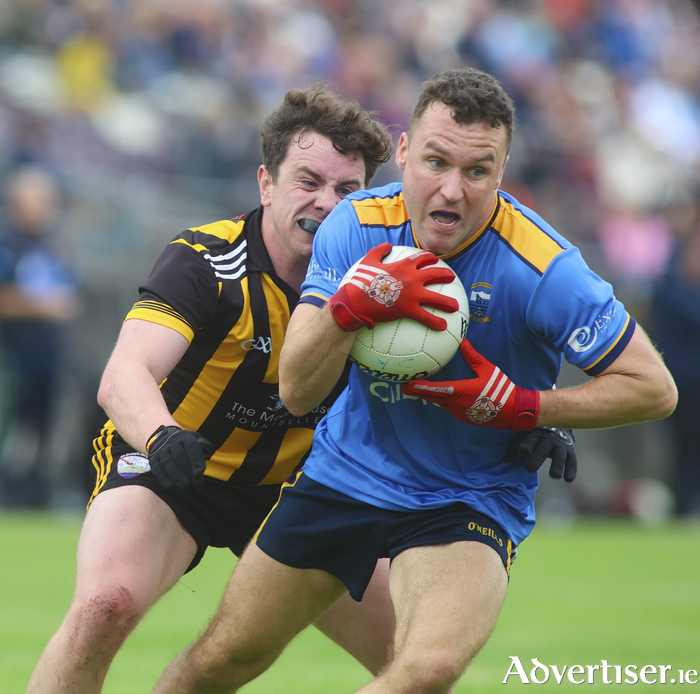 Salthill Knocknacarra’s Conor Halloran and Gerard Donoghue of Mountbellew Moylough in action from the Bon Secours Hospital Galway Senior Club Championship game at Tuam Stadium on Saturday. Photo: Mike Shaughnessy 