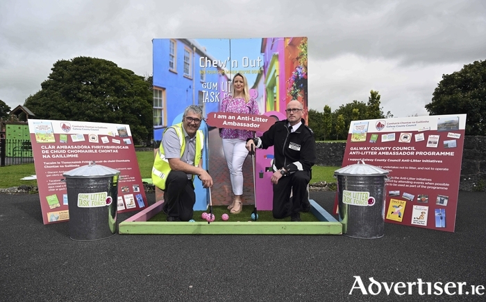 Mark Molloy, Assistant EAO, Galway County Council; Avril Donlon, Project Manager, Food Drink Ireland; and Tomas Clancy, Community Warden, Galway County Council during the Gum Litter Taskforce (GLT) Summer Roadshow in Athenry. Photo Ray Ryan.