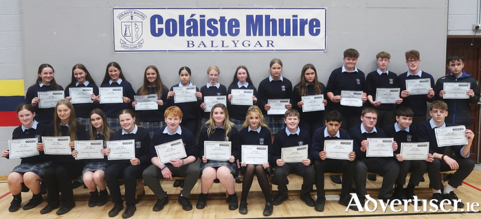 Students from Coláiste Mhuire in Ballygar pictured receiving their awards as part of the CPR 4 Schools programme.