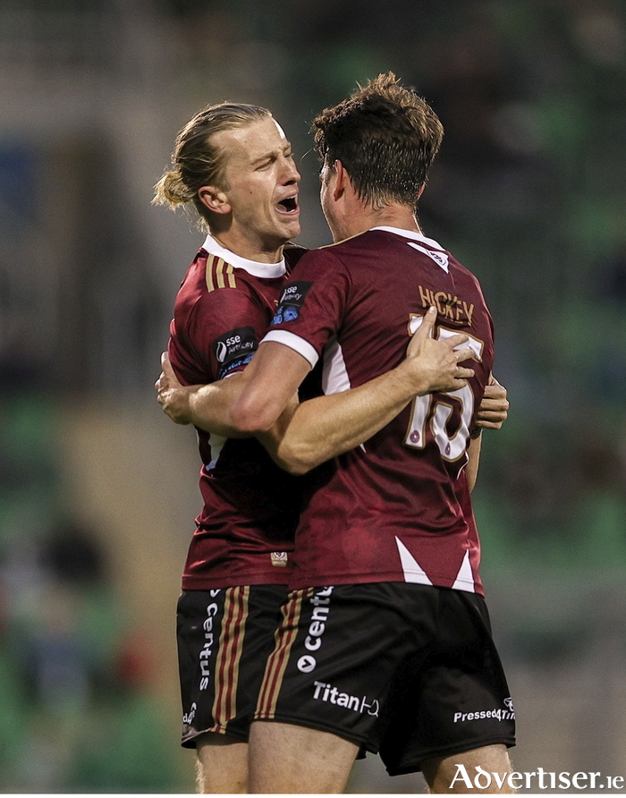 Patrick Hickey of Galway United, right, celebrates with teammate David Hurley after scoring his side's first goal during the SSE Airtricity Men's Premier Division match between Shamrock Rovers and Galway United at Tallaght Stadium in Dublin. Photo by Thomas Flinkow/Sportsfile.