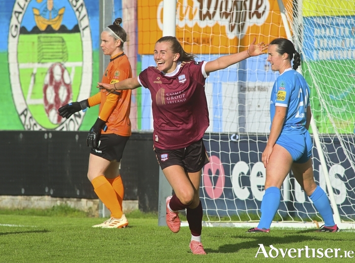 Galway United’s Emma Doherty celebrates scoring a goal against Peamount United in the SSE Airtricity Women’s Premier Division game at Eamonn Deacy Park on Saturday. Photo: Mike Shaughnessy.