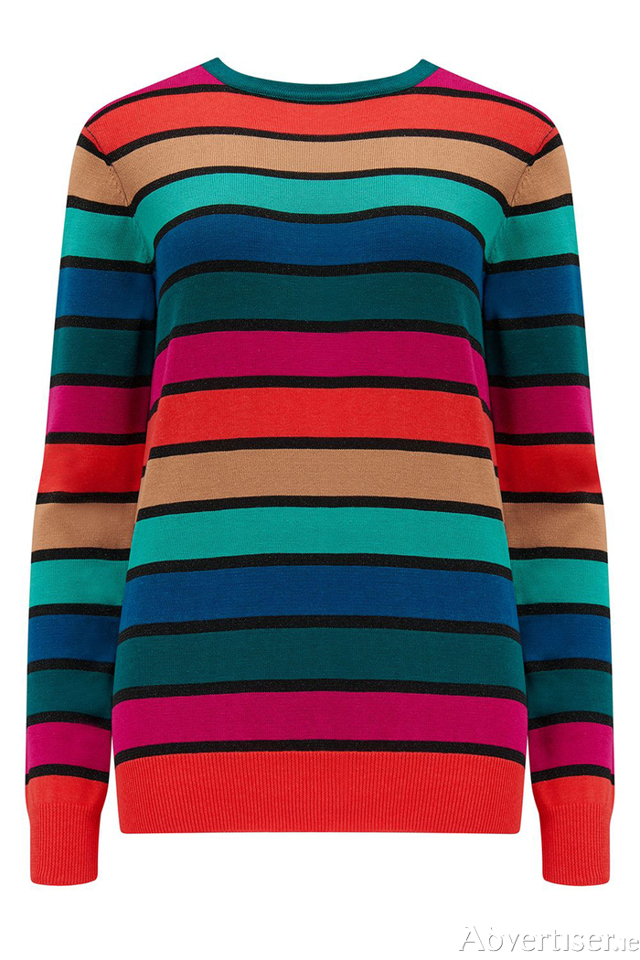 Astrid rainbow striped crew neck jumper in green,€79.99.