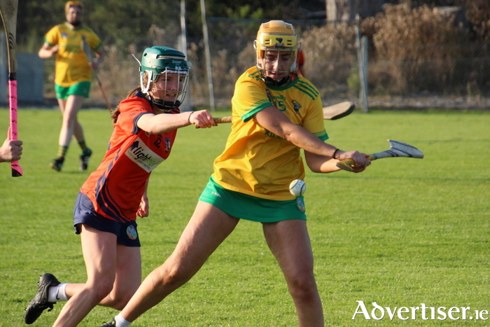 Mullagh's Tegan Cannng battles with Davitts' Leah Behan. Pic: Margaret Callanan 