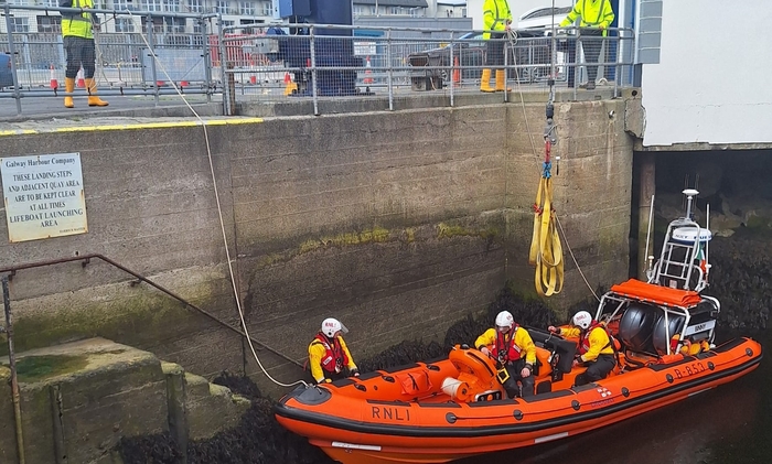 Galway Lifeboat crew Declan Killilea (helm), Lisa McDonagh and Frankie Leonard returning to the lifeboat station after being requested to launch to reports of a windsurfer in difficulty off Salthill on Sunday 08 September, the first of two shouts within 24 hours for the volunteer Galway crew.
