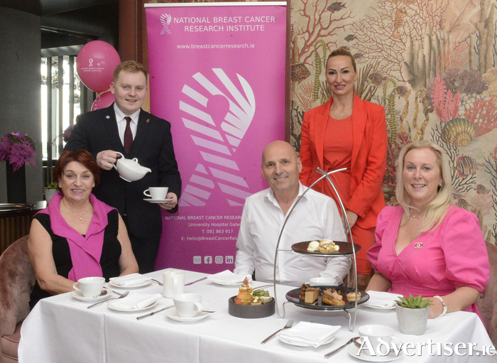 Attending the launch of ‘Afternoon Tea at the g’ in aid of the National Breast Cancer Research Institute (NBCRI) were; Ethelle Fahey, NBCRI Galway fundraising committee, Jack Murphy, Food and Beverage Manager g Hotel, entertainer Benen Tierney, Roxana Ciontu, Director of Sales & Marketing g Hotel and Hazel Curran NBCRI Galway fundraising committee.     Photo: Tom Taheny