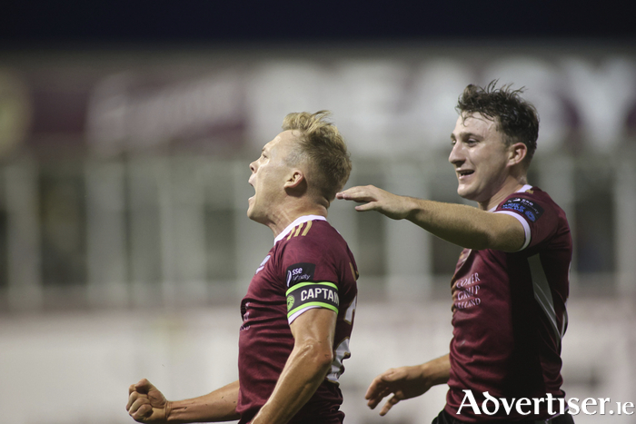 Galway United’s Conor McCormack celebrates scoring against Shamrock Rovers in action from the SSE Airtricity Men’s Premier Division game at Eamonn Deacy Park on Monday night. 
Photo: Mike Shaughnessy 
