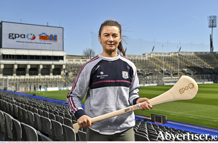 20 April 2023; Galway Camogie player Aoife Donohue in attendance at the announcement of an official charity partnership between the GPA and Jack and Jill for 2023, at Croke Park in Dublin. Photo by Sam Barnes/Sportsfile Galway's Aoife Donohue - shortlisted for GPA/pwc Camogie Player of the Year after a storming season for her county.