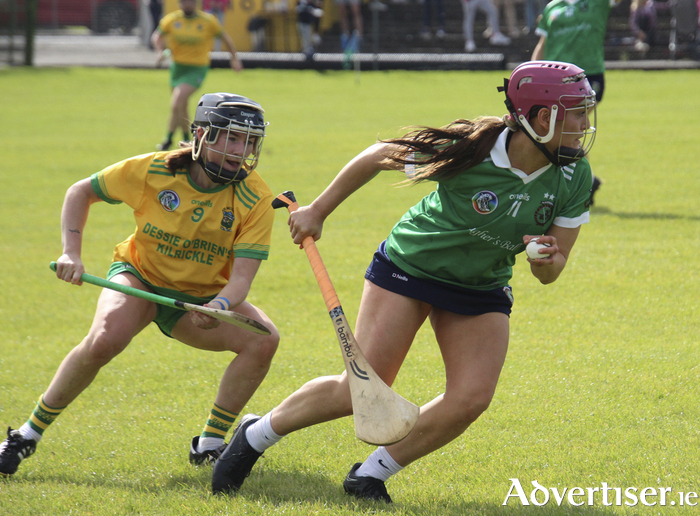 Sarsfields Orlaith McGrath in action against Mullagh's Aoife Donohue. Photo Margaret Callanan