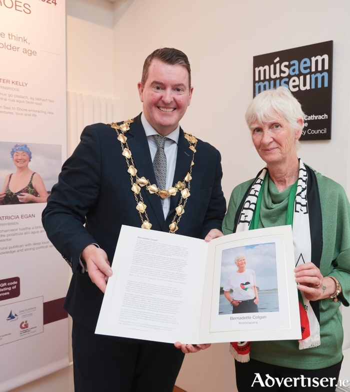 Mayor of Galway Peter Keane and Bernadette Colgan at the Local Heroes Exhibition, Galway City Museum.