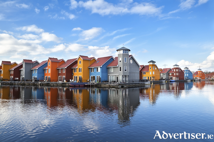 Reitdiephaven - colorful buildings on water in Groningen, Netherlands