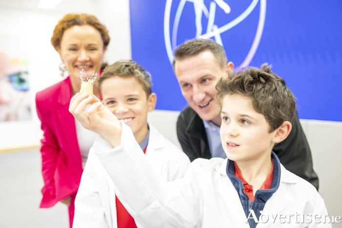 Attending the launch of the 2024 Galway Science & Technology Festival Programme hosted by Medtronic, the main sponsor of the Festival, were Cathal Dooher, Oranmore and Oisin Connolly,  Ballintemple with Anne Murray, Science & Technology Festival and Karl Dooher, Medtronic. The exhibition will be held on Sunday November 10 at University of Galway.  Tickets will be released on Saturday November 2 at 9am. Photo:Andrew Downes, xposure  